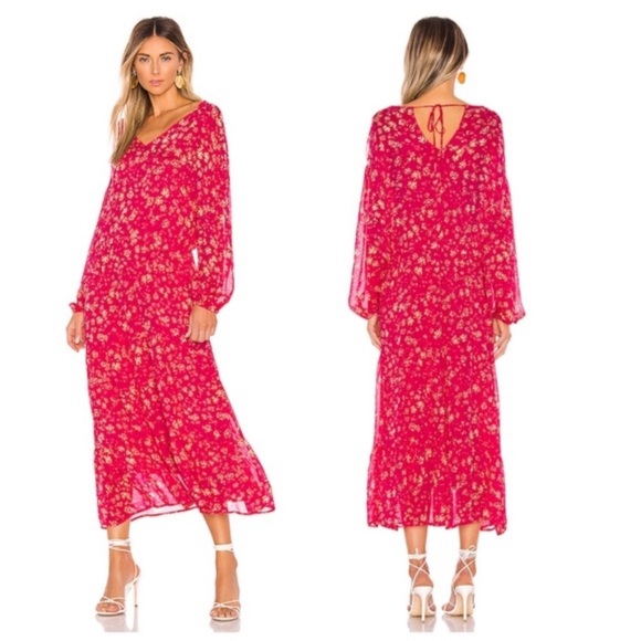 Free People Wallflower Floral Print Sheer lined Midi Dress, Raspberry Combo, XS - Picture 1 of 14